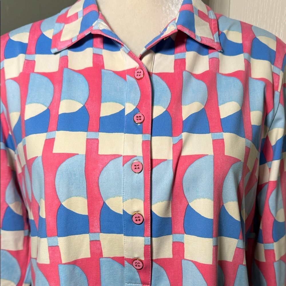 J.McLaughlin Geometric Print Polo Top 3/4 Sleeve Stretch Knit Size XL - Picture 3 of 7